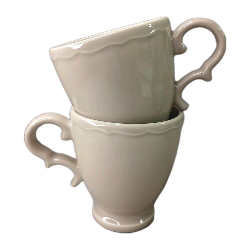 2 Williams & Sonoma Ceramic Footed Mugs Made in Portugal Light Brown Taupe 4"